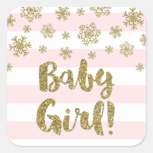 Baby Girl Pink Stripe Gold Schnee Winter Baby Dusc Quadratischer Aufkleber