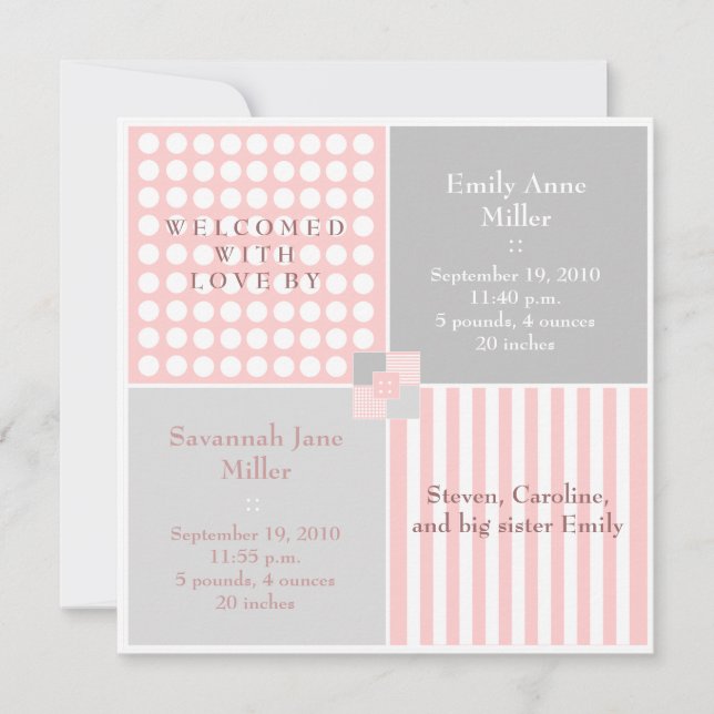 Baby Girl Pink Twin Modernes Foto Ankündigung (Vorderseite)