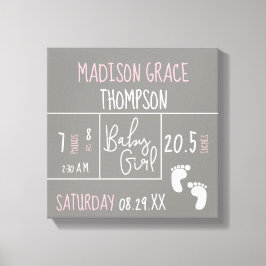 Baby Girl Pink und Gray Announcement Personalisier Leinwanddruck