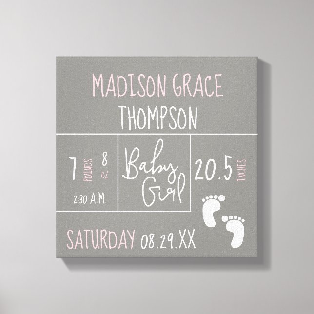 Baby Girl Pink und Gray Announcement Personalisier Leinwanddruck (Vorderseite)