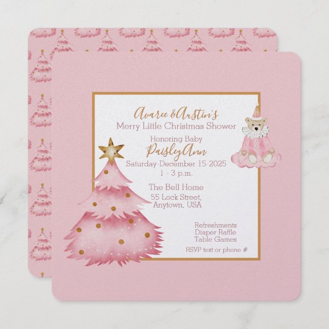 Baby Girl Pink White Christmas Tree Dusche Einladung (Vorne/Hinten)