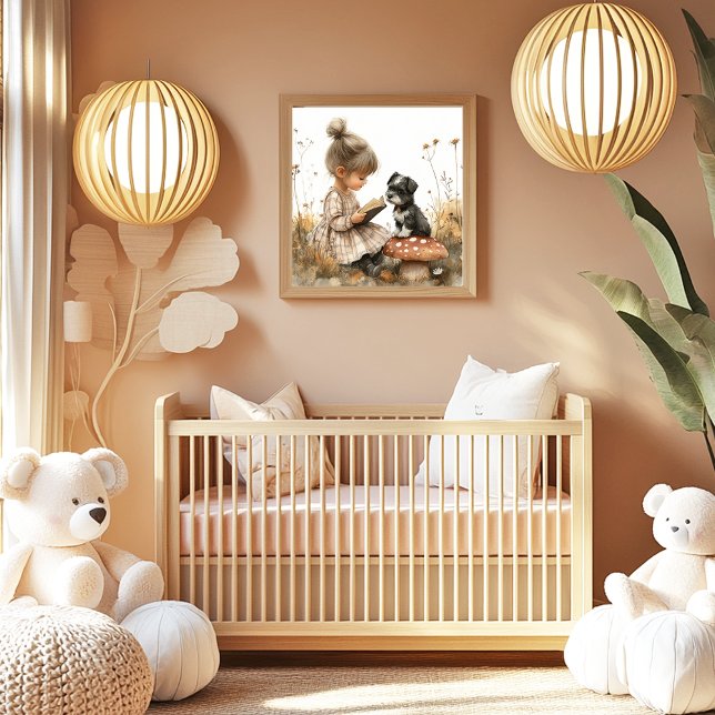 Baby Girl Reading black White Puppy Red Mushroom  Poster (Von Creator hochgeladen)