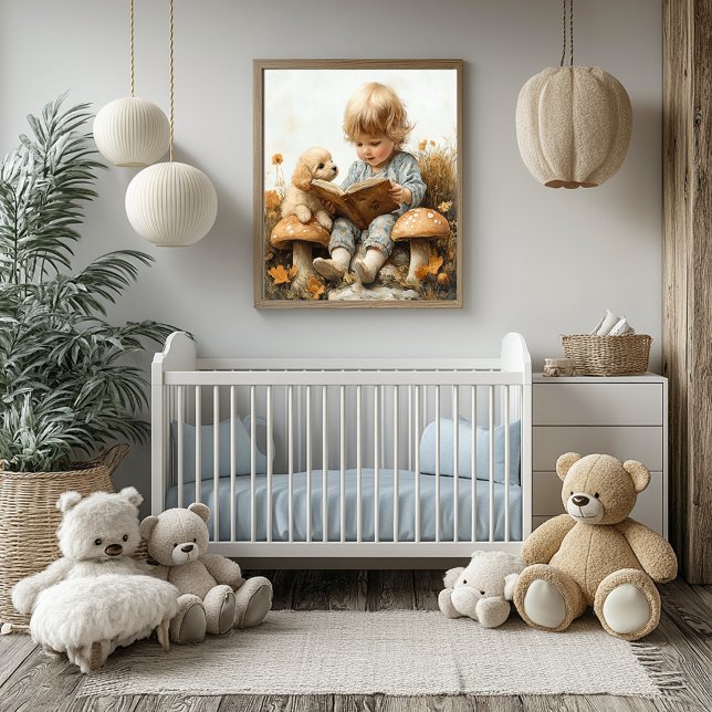 Baby Girl Reading Tan Puppy Mushrooms Poster (Von Creator hochgeladen)