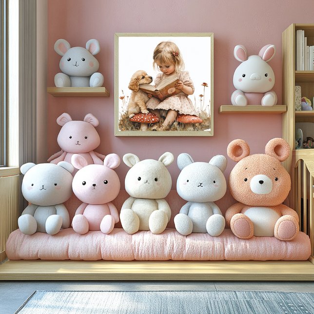 Baby Girl Reading Tan Puppy Red Mushroom  Poster (Von Creator hochgeladen)