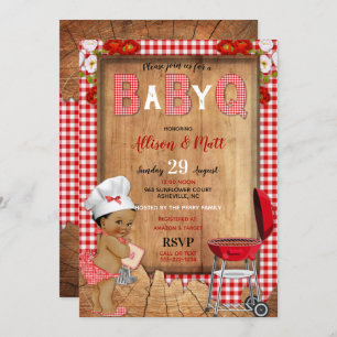 Baby Girl Red Gingham Wood Blume Baby Q Barbecue Einladung