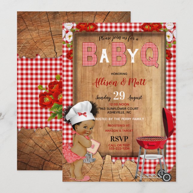 Baby Girl Red Gingham Wood Blume Baby Q Barbecue Einladung (Vorne/Hinten)