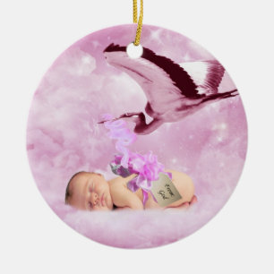 Baby Girl rosa Wolken und Storchweihnachtsfeste Keramikornament