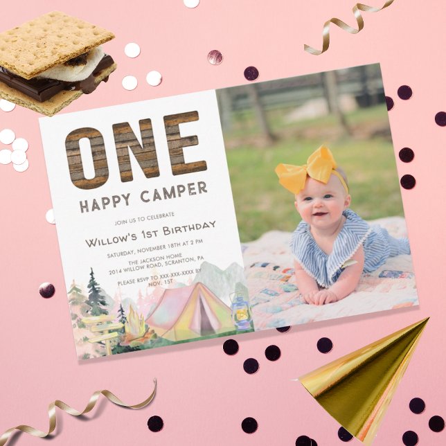 Baby Girl Rustic One Happy Camper Geburtstag Einladung (Von Creator hochgeladen)