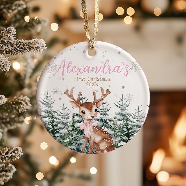 Baby Girl’s First Christmas Photo | Woodland  Keramik Ornament (Von Creator hochgeladen)