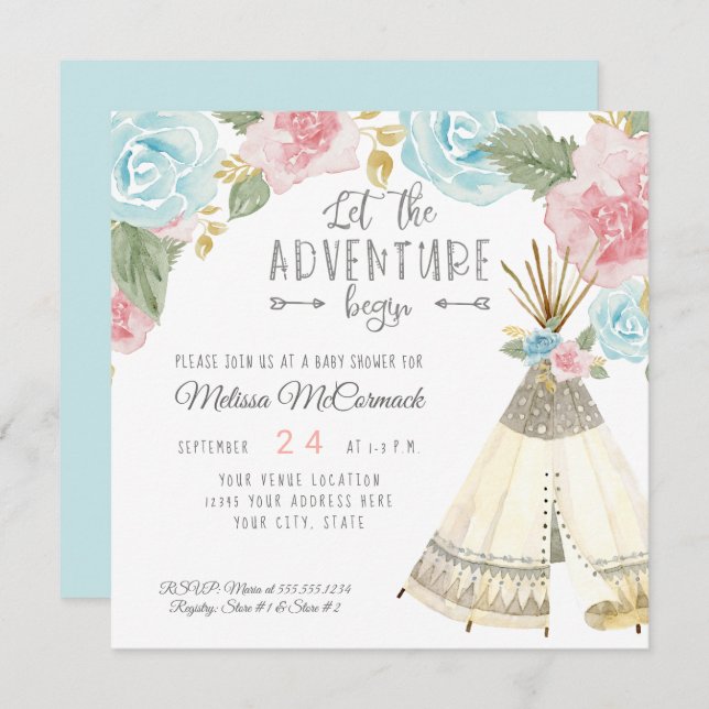 Baby Girl Shower Adventure Begin Teepee Pastel Einladung (Vorne/Hinten)