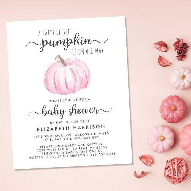 Baby Girl Shower by Mail Pink Pumpkin Einladung (Celebrate the upcoming arrival of your little autumn baby with a pumpkin-themed baby shower by mail)