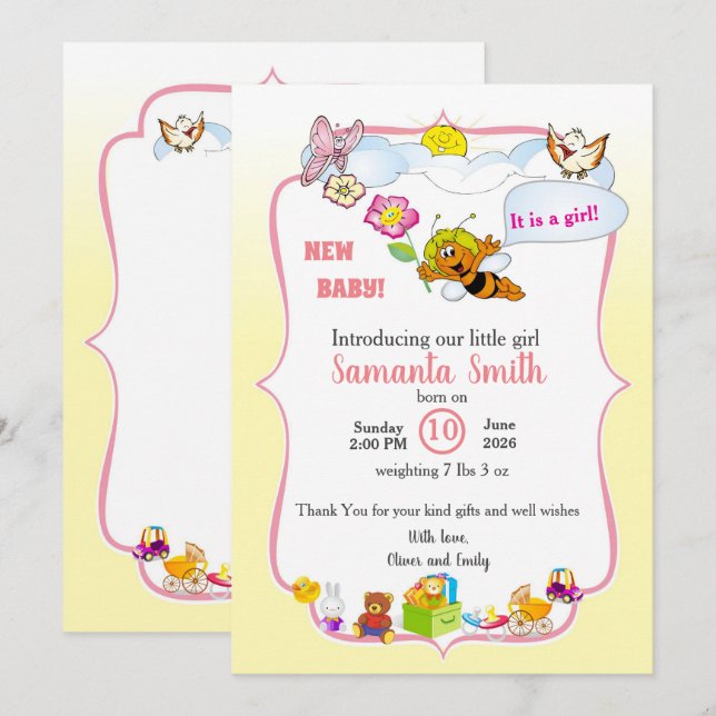 baby girl shower invitation with a cute bee einladung (Vorne/Hinten)