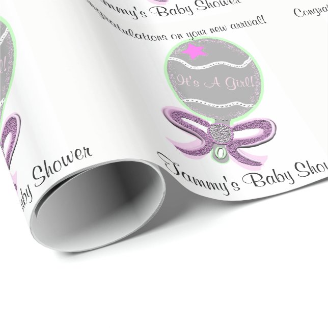 Baby Girl Shower Pink Baby Rattle Geschenkpapier (Rolleneckpunkt)