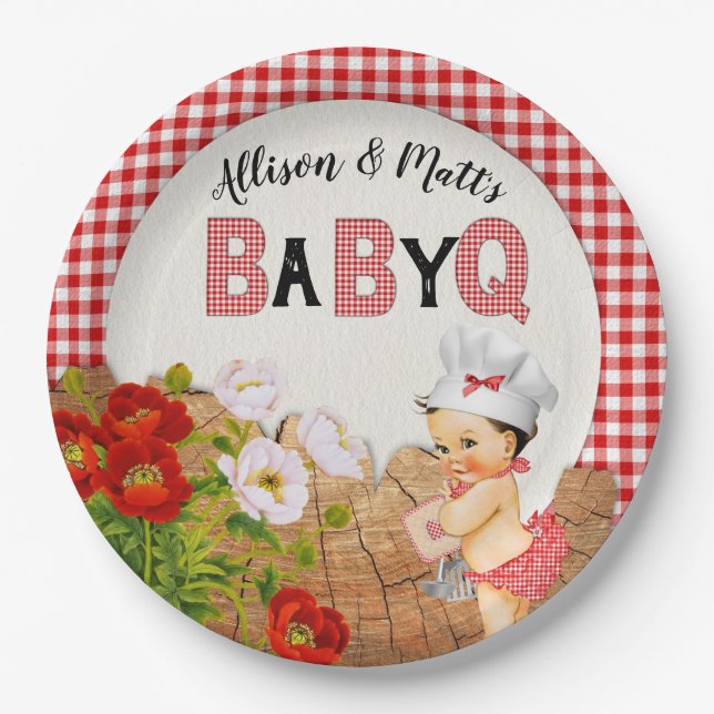 Baby Girl Shower Red Gingham Baby Q Barbeque Pappteller (Vorderseite)