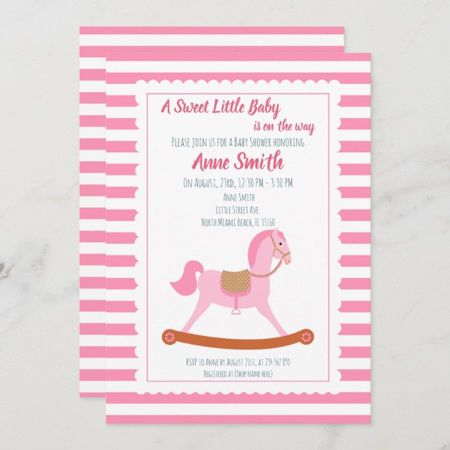 Baby Girl Shower Rocking Pferd Einladung (Vorne/Hinten)