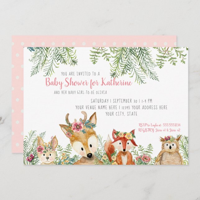 Baby Girl Shower Woodland Animals Boho Deer n Fox Einladung (Vorne/Hinten)