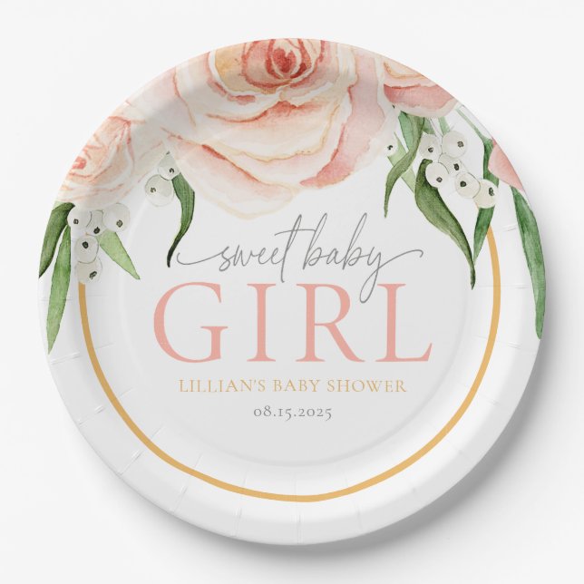 Baby Girl Soft Pink Rose Garden Baby Shower Pappteller (Vorderseite)