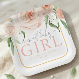 Baby Girl Soft Pink Rose Garden Baby Shower Pappteller