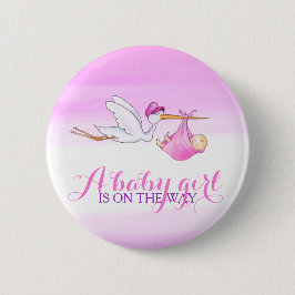 Baby Girl Storch rosa Aquarellfarben Abzeichen Button