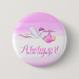 Baby Girl Storch rosa Aquarellfarben Abzeichen Button
