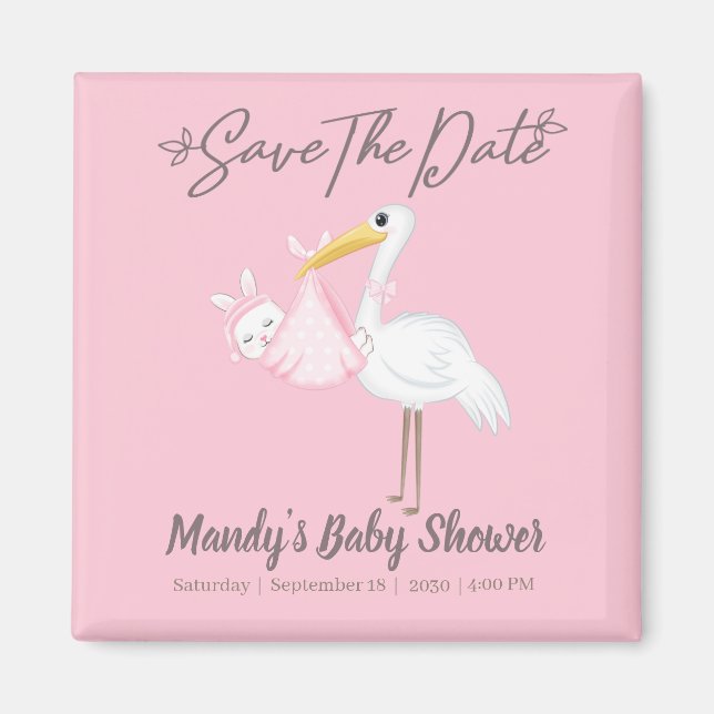 Baby Girl Stork Pink Dusche Save the Date Magnet (Vorne)