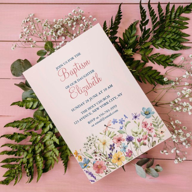 Baby Girl Taufe Aquarellfarben Einladung (Baby Girl Baptism Watercolor Floral Invitation)