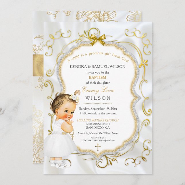 Baby Girl Taufe Christening Gold Cross Glitzer Einladung (Vorne/Hinten)