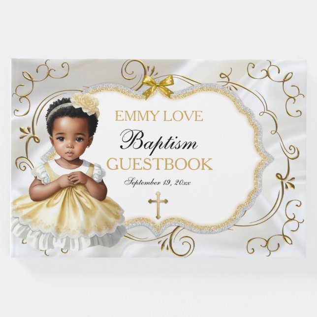 Baby Girl Taufe Christening White & Gold Cross Gästebuch (Vorderseite)