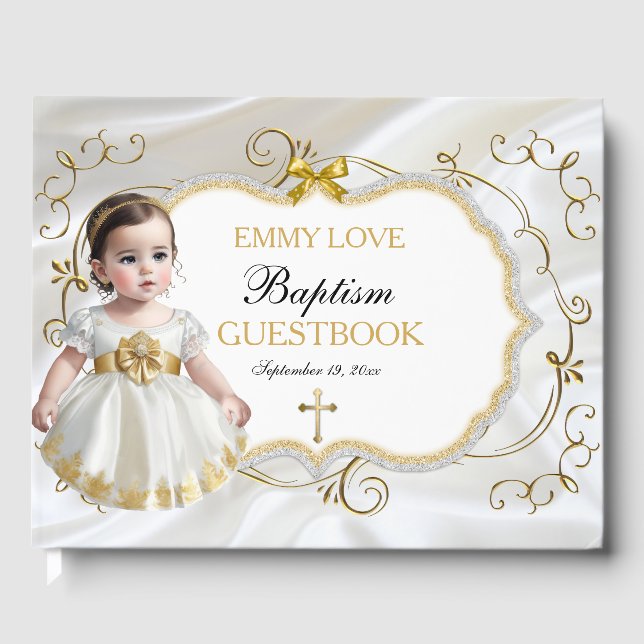 Baby Girl Taufe Christening White & Gold Cross Gästebuch (Vorderseite)