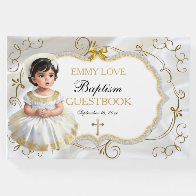 Baby Girl Taufe Christening White & Gold Cross Gästebuch (Vorderseite)