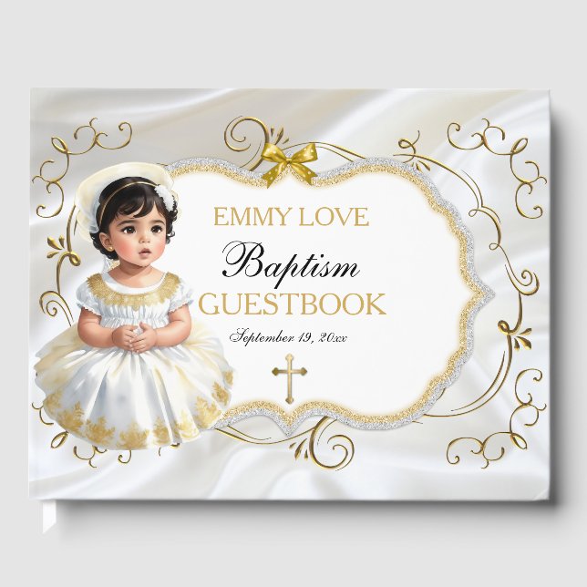 Baby Girl Taufe Christening White & Gold Cross Gästebuch (Vorderseite)