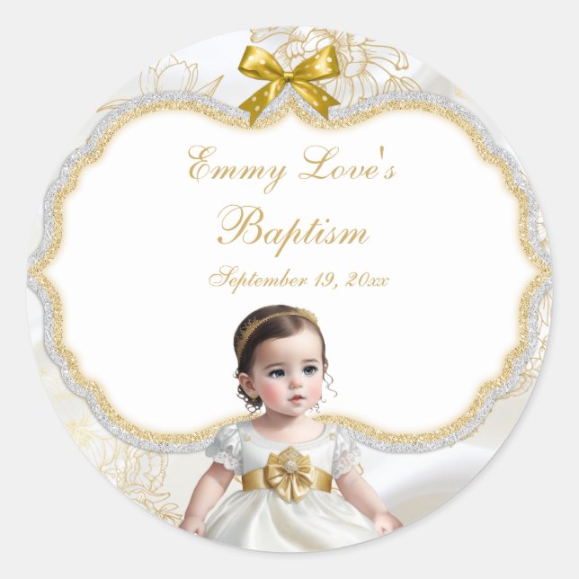 Baby Girl Taufe Christening White & Gold Runder Aufkleber (Vorderseite)