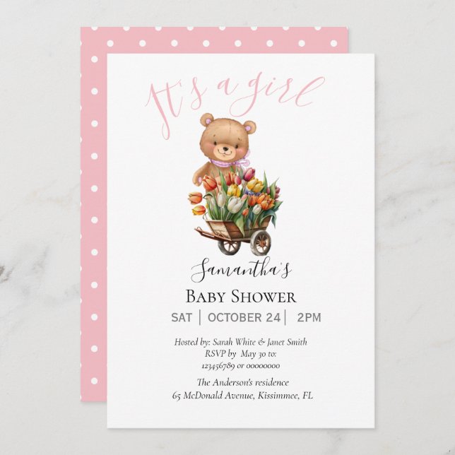 Baby Girl Teddy Bär Einladung (Vorne/Hinten)