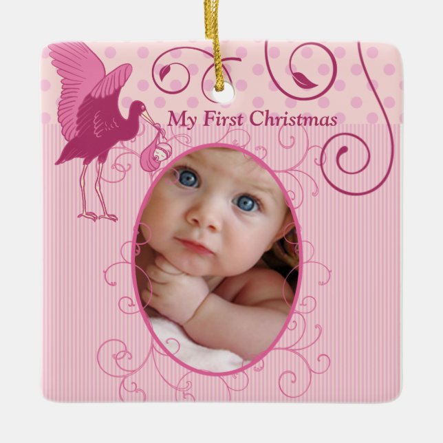 Baby Girl Tiny T-Shirt Foto Ornament mit Geburtsst (Vorderseite)