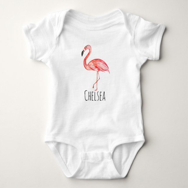 Baby Girl Tropical Watercolor Pink Flamingo Name Baby Strampler (Vorderseite)