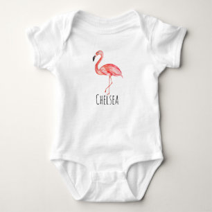 Baby Girl Tropical Watercolor Pink Flamingo Name Strampler