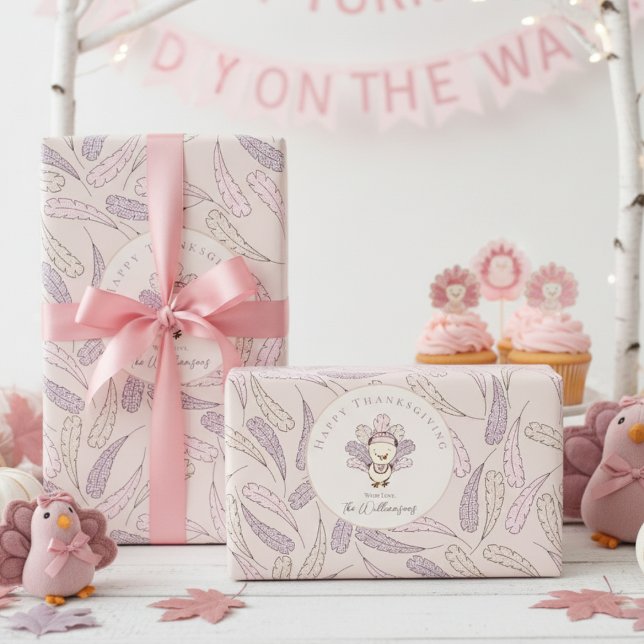 Baby Girl Turkey & Feathers Happy Thanksgiving Geschenkpapier (Cute Baby Girl Happy Thanksgiving Fall Wrapping Paper. Little Turkey, Pink & Purple Feather Pattern)