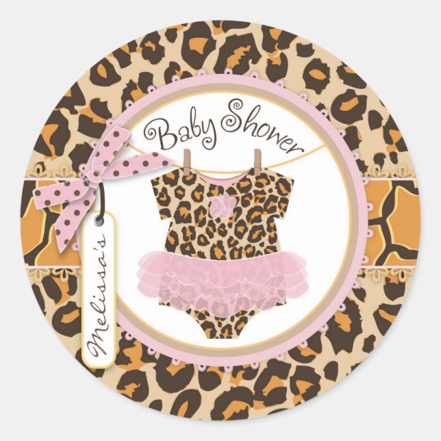 Baby Girl Tutu Cheetah Print Baby Shower Label Runder Aufkleber (Vorderseite)