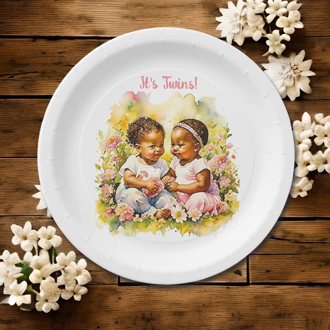 Baby Girl Twins of Color Baby Shower Pappteller (Von Creator hochgeladen)