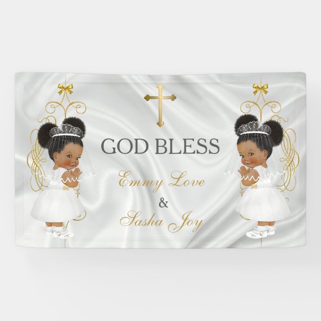 Baby Girl Twins Taufe Christening Gold Ethnic Banner (Horizontal)