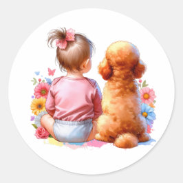 Baby Girl und Apricot Poodle Runder Aufkleber