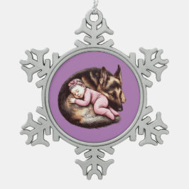 Baby Girl und ihr Deutscher Schäferhund Schneeflocken Zinn-Ornament