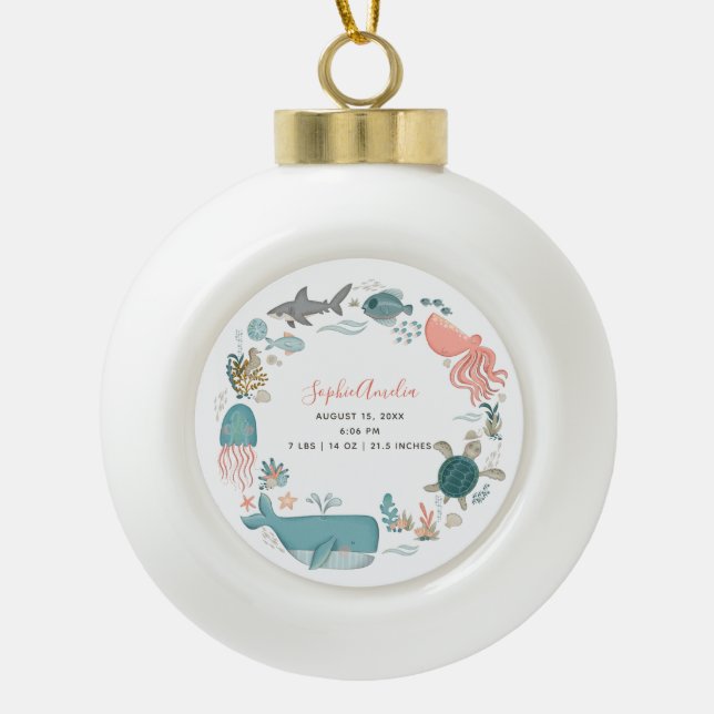 Baby Girl Under Sea Birth Stats Keepake Keramik Kugel-Ornament (Vorderseite)