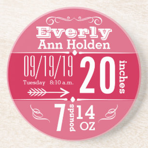 Baby Girl Vintag Modern Pink Birth Record Sandstein Untersetzer