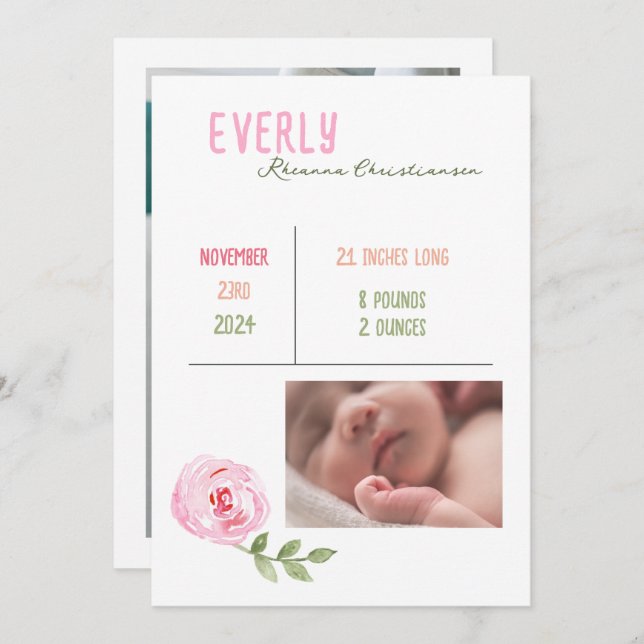 Baby Girl Watercolor Blume Geburtsankündigung (Vorne/Hinten)