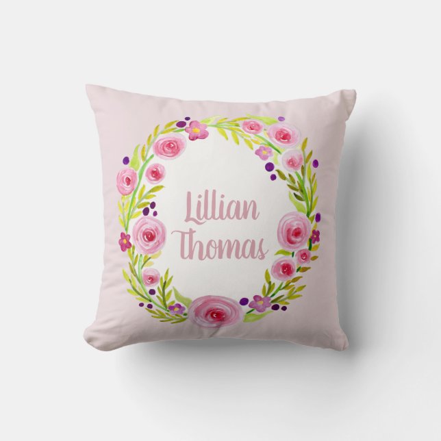Baby Girl Watercolor Blume Wreath & Name Kinderzim Kissen (Vorderseite)