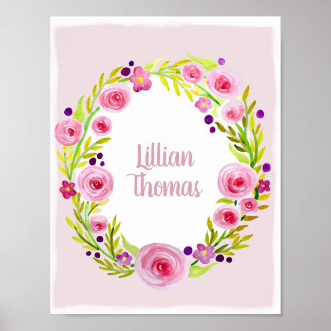 Baby Girl Watercolor Blume Wreath & Name Kinderzim Poster (Vorne)
