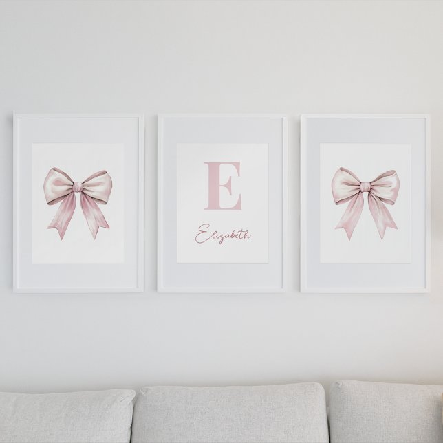 Baby Girl Watercolor Pink Bow & Monogram Name Bilderwand Sets (Von Creator hochgeladen)
