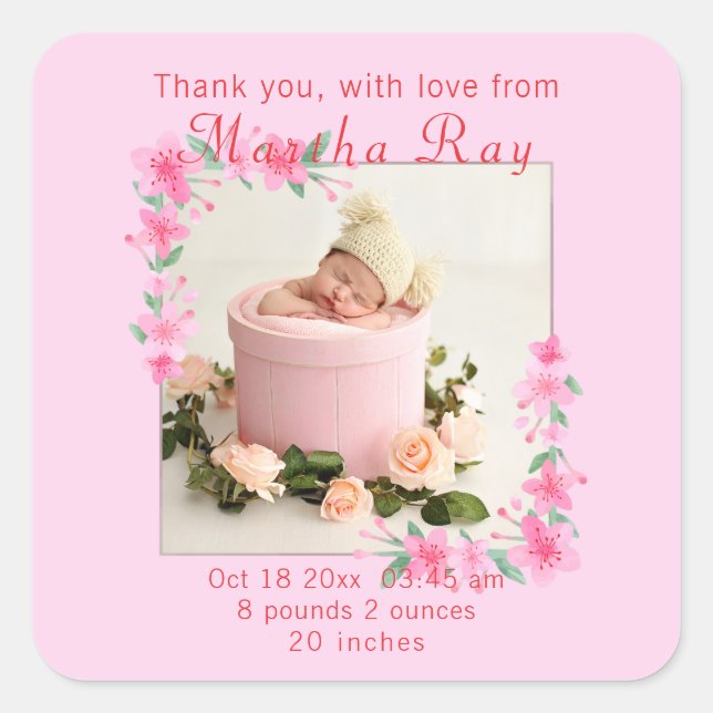 Baby Girl Your Foto hier Klassischer Rundaufkleber Quadratischer Aufkleber (Vorderseite)
