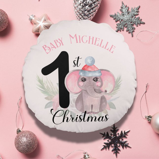 Baby Girl's 1. Weihnachten Niedlich Pink Elephant  Rundes Kissen (Von Creator hochgeladen)